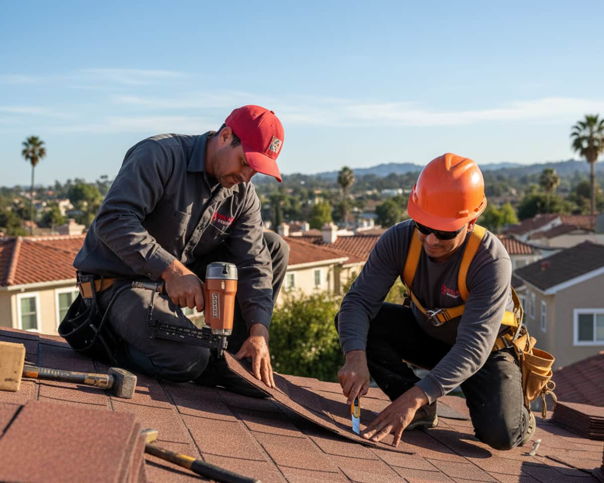 Roofers installing new shingles over an existing roof layer