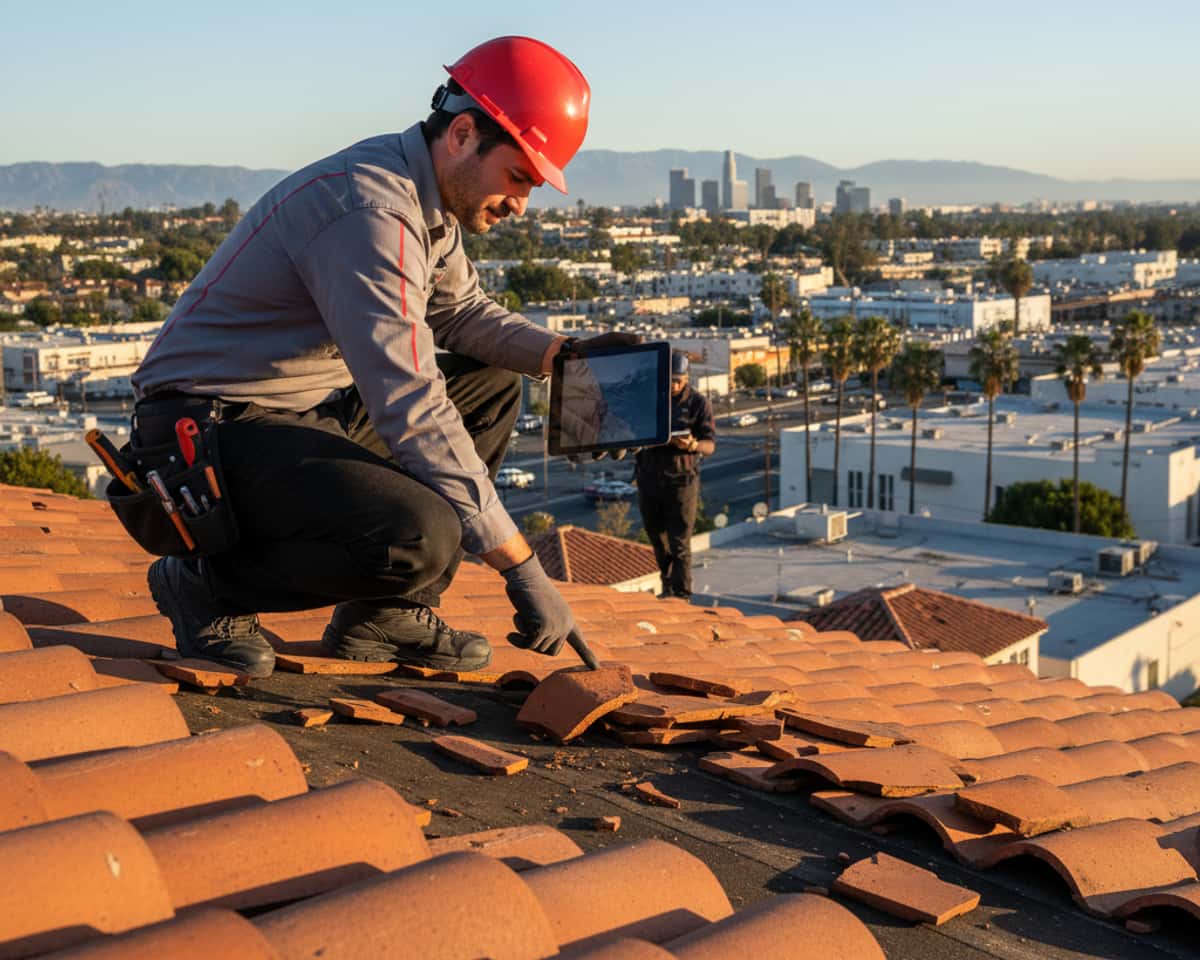 Roof technician inspecting a damaged tile roof, highlighting the process of identifying roof leaks and damage.