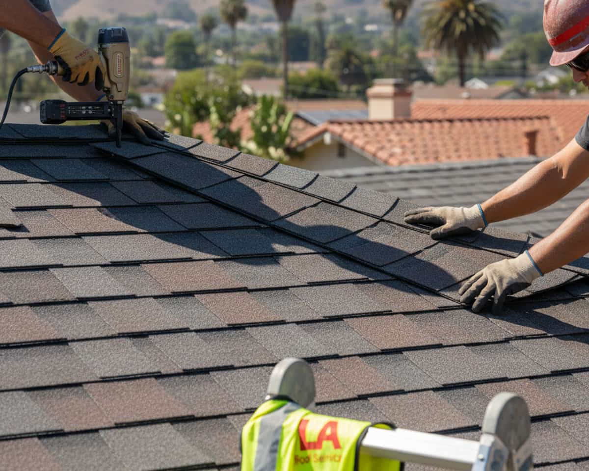 Close-up of durable architectural shingles, showcasing texture and color.