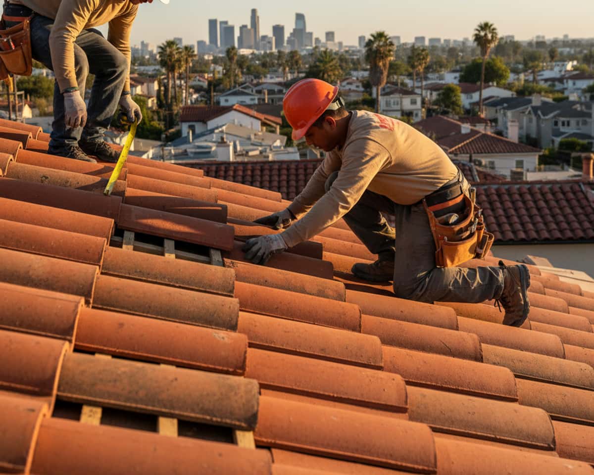 Roofers installing new concrete tile roofing system on a building