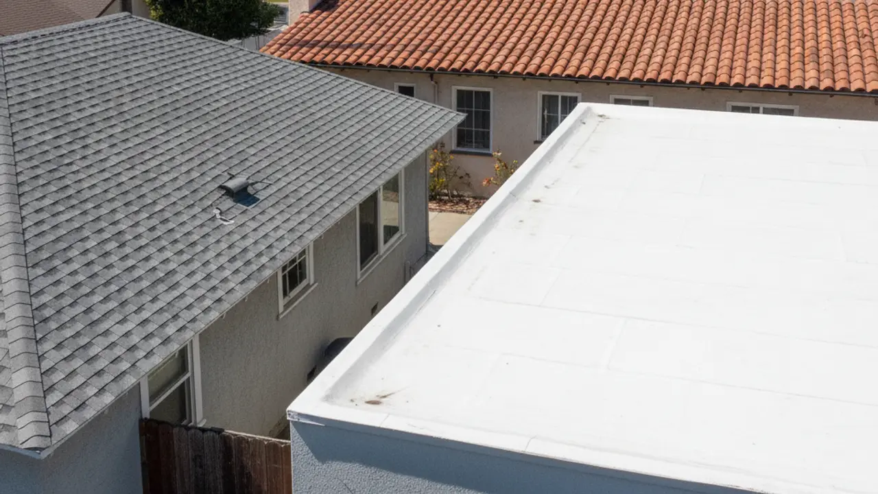 Three types of roofing on neighboring Los Angeles buildings: asphalt shingle, flat membrane, clay tile